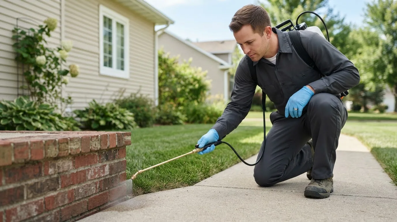 Pest control technician treating a home near Edinburg, IL