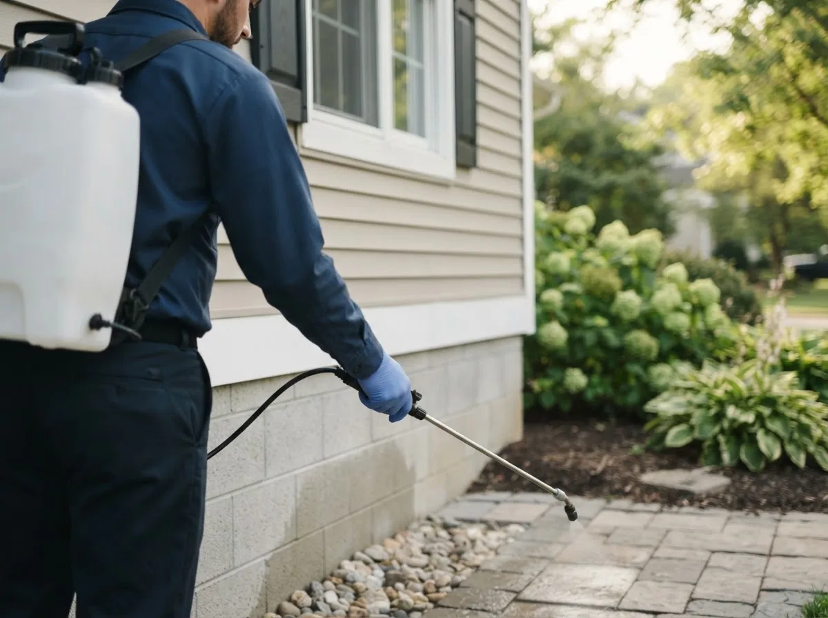 Pest control technician inspecting a home in Edinburg, IL
